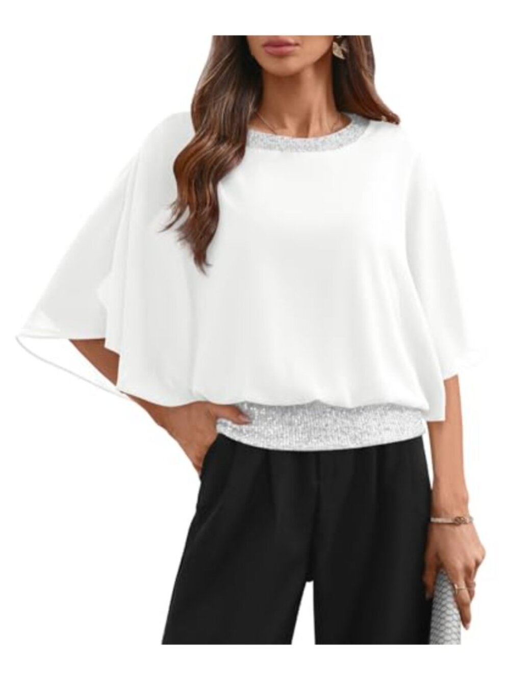 Sequin Chiffon Top Flowy Tunic Wedding Blouse